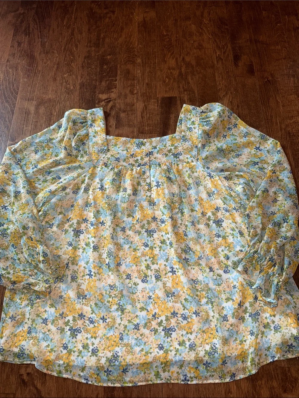 LC Lauren Conrad Yellow & Blue Floral Square-Neck Blouse - Picture 1 of 4